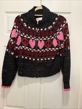 Pilcro Anthropologie Heart Peace Sign Fair Isle Zip Cardigan